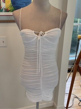 Princess Polly “Sassy” White Ruched Tie-Front Spaghetti Strap Mini Dress